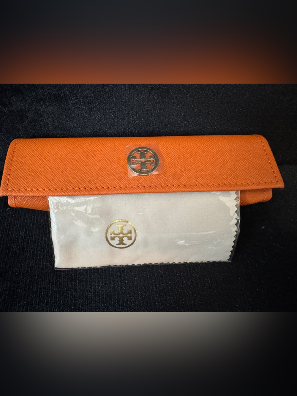 New, Original Packaging Tory Burch Orange Saffiano Glasses Case with Metal Logo
